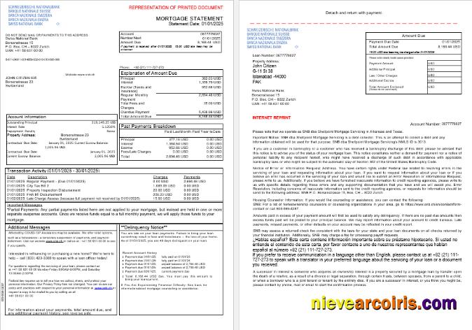 Switzerland Swiss National Bank SNB mortgage statement, 3 pages 1-2